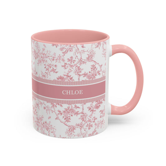 Personalized Name Mug Pink Toile Design, Custom Coffee Cup, Elegant Vintage Inspired Gift for Her, Bridal Party Favor, Teen Girl