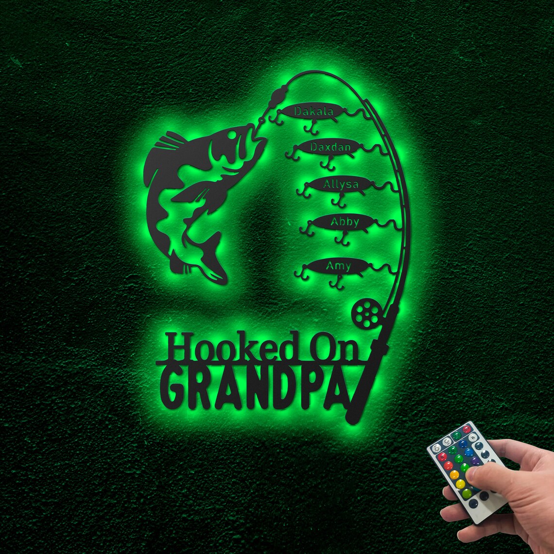 Hook on Grandpa Sign with LED Personalized, Dad Fishing Custom Name Sign, Fishing Trip Wall Sign, Gift For Him, Man, Father, Grandfather