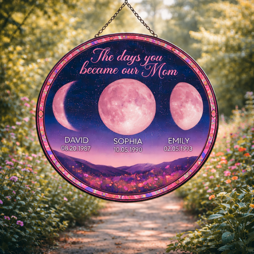 The Day You Became Our Mom Pink Moon Phase - Personalized Suncatcher Stained Glass - Gift For Mom, Mother's Day, Birthday Gift