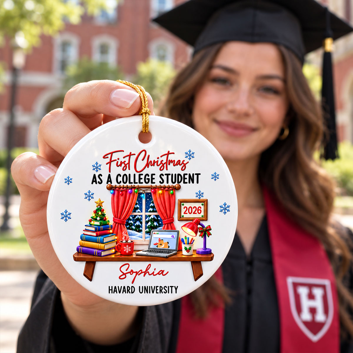 College Student With Desk Design - Personalized Ceramic Ornament - Christmas Gift For New Student, Boy, Girl