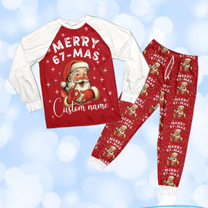 Personalized 6 7 Santa Christmas PJs, Custom Name Merry 67-Mas Meme Pajamas, Holiday Joke Gift Set, Funny Six Seven Pajamas for Kids Adults