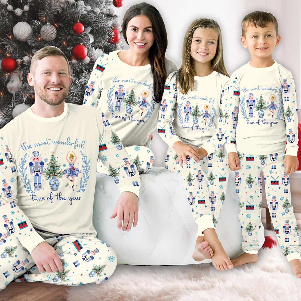 Christmas Long Sleeve Two Piece Pajama, Wonderful Time Of The Year, Chinoiserie Nutcracker Family Pajamas Set, Xmas Holiday Loungewear Set