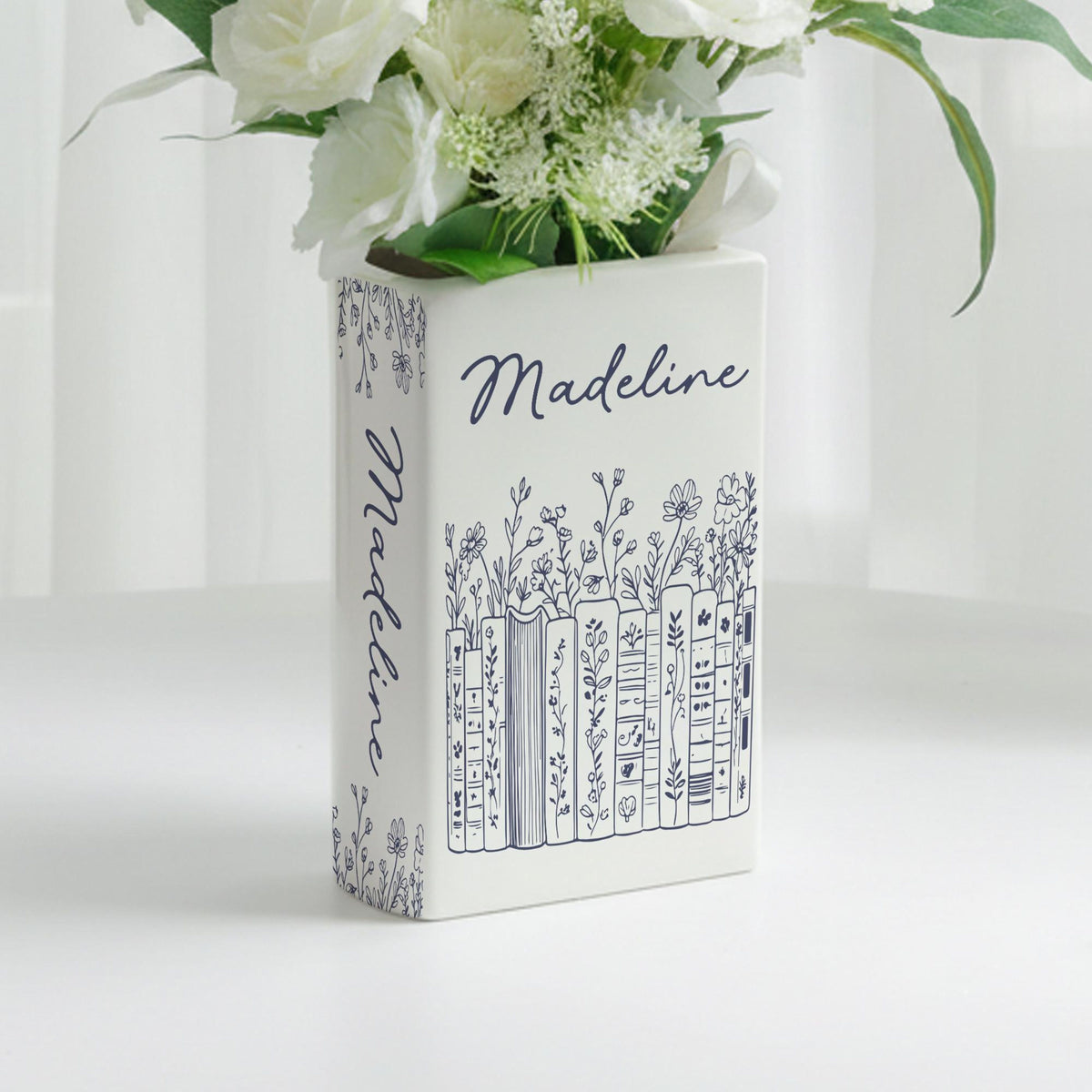 Ceramic Book Vase Customized, Floral Bookshelf Decor, Reading Room Flower Pot, Book Lover Gift, Ceramic Book Flower Vase, Toile De Jouy Vase