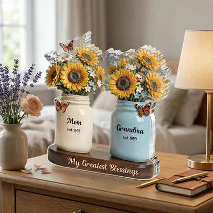 Mom Grandma Sunflowers Jars Est. Years 2D Flat - Personalized Acrylic Block - Gift For Grandma, Mother's Day Gift