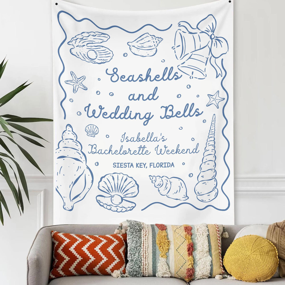 Personalized Bachelorette Party Decor, Wedding Bells and Seashells Banner, Beach Bachelorette Decorations, Coastal Bachelorette Backdrop