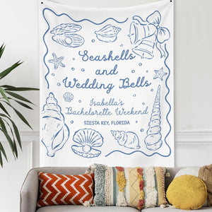 Personalized Bachelorette Party Decor, Wedding Bells and Seashells Banner, Beach Bachelorette Decorations, Coastal Bachelorette Backdrop