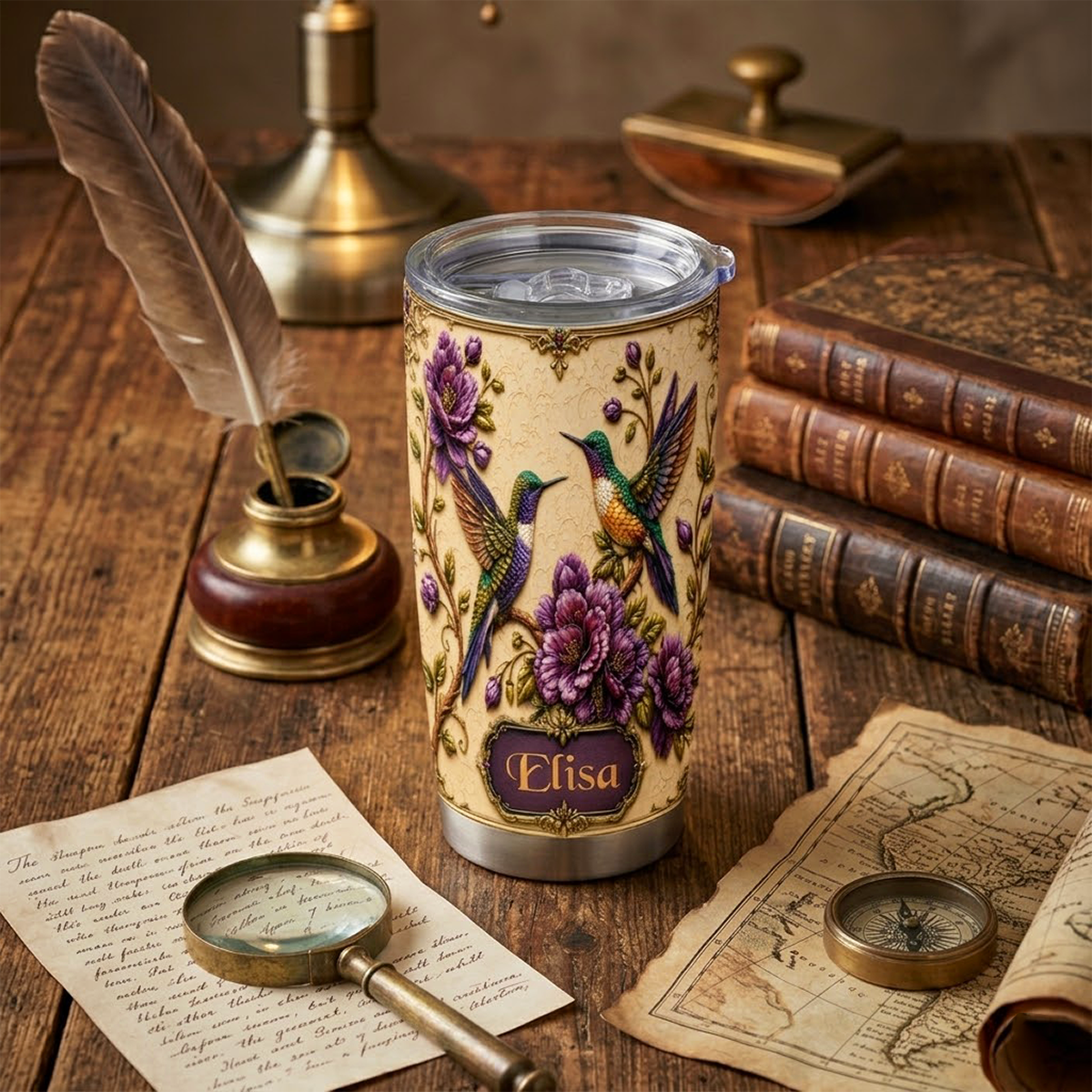 Elegant Purple Floral Hummingbird Insulated Tumbler
