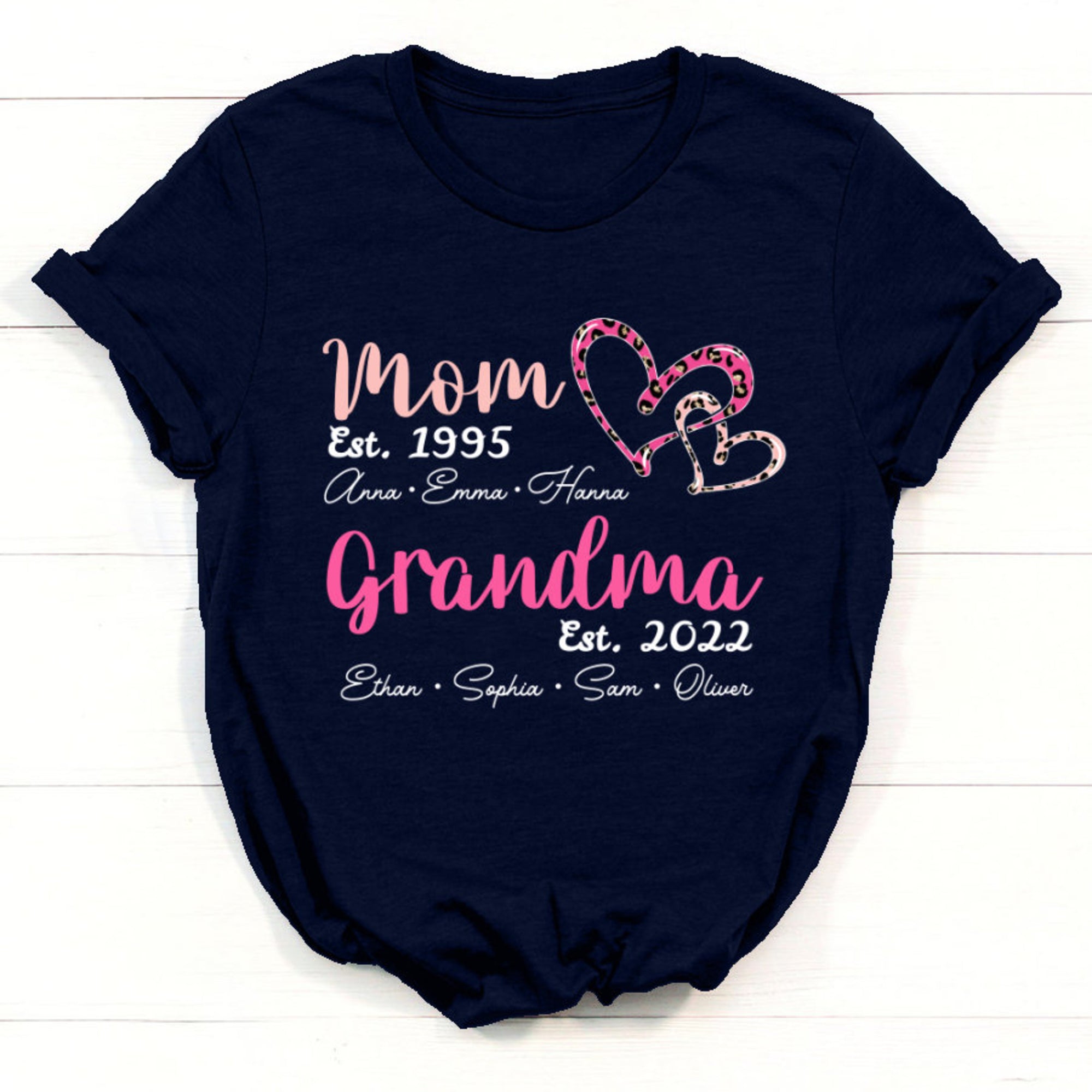 Mom Est Grandma Est Leopard Heart With Kid Names - Personalized Shirt - Gift For Grandma
