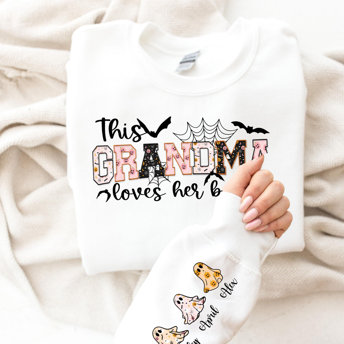 Custom Halloween This Grandma Loves Her Boos Sweatshirt, Cool Grandma Halloween Sweatshirt, Grandma Halloween Gift with Kids Name on Sleeve