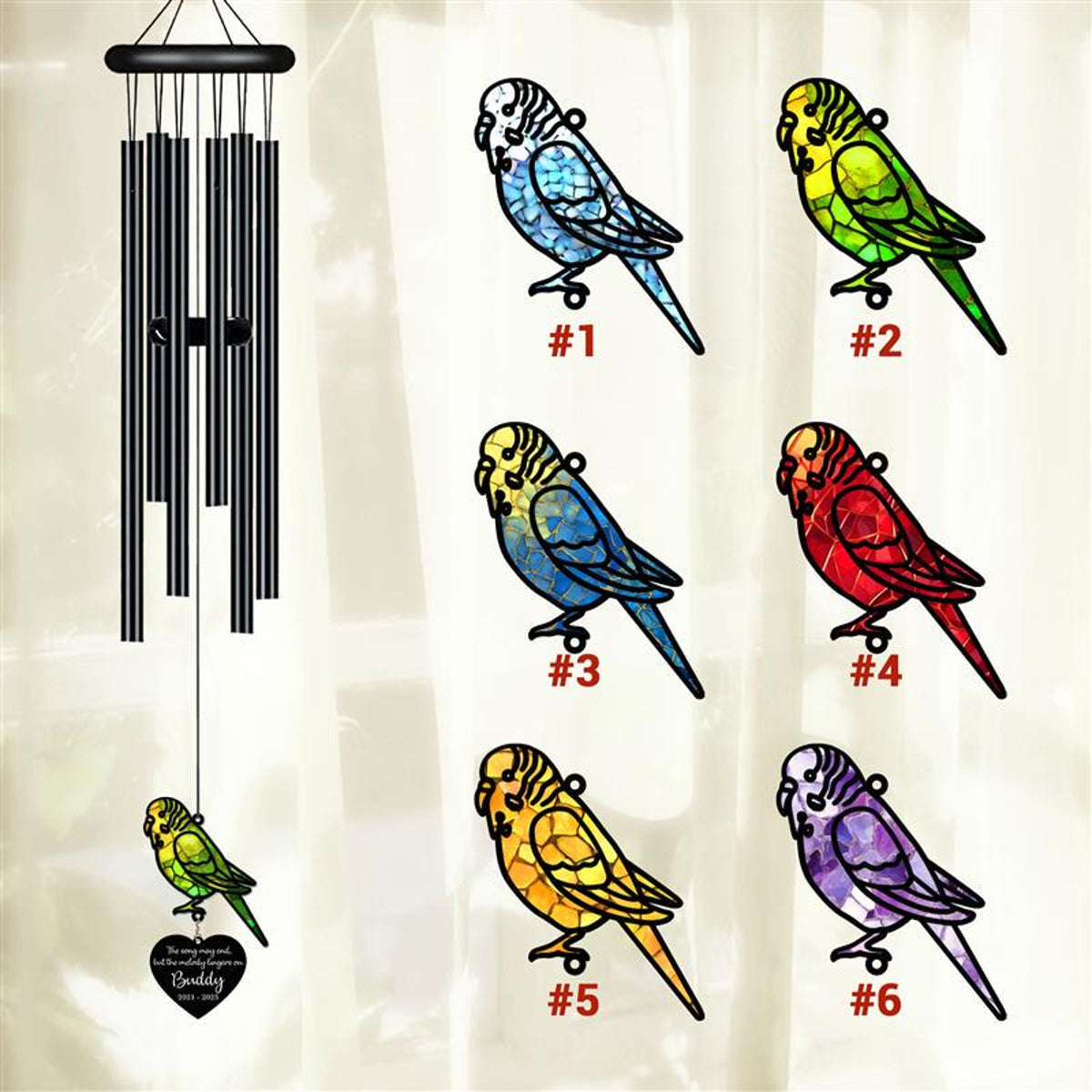 Personalized Memorial Wind Chime, Budgerigar Wind Chime, Parakeet Suncatcher Wind Chime, In Loving Memory, Family Gift, Pet Loss Gift