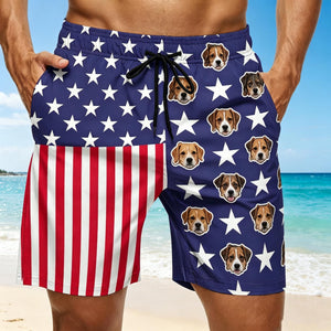 Custom Photo USA Flag Swim Trunks, Personalized Face Swim Shorts, 4th of July Beach Shorts for Husband, Gift for Him