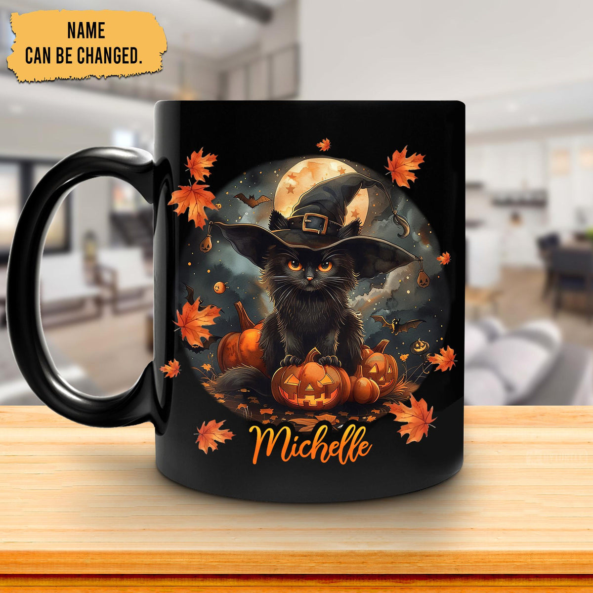 Personalized Black Cat Halloween Mug, Pumpkin Halloween Mug, Cute Spooky Halloween Mug, Black Cat Lover Gifts, Fall Mug, Autumn Cat Mug