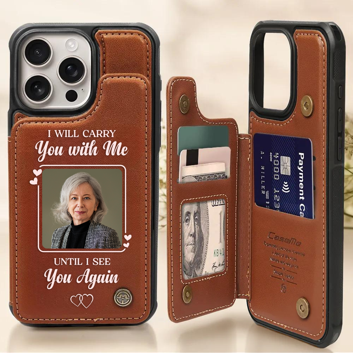 Custom Photo Memorial I Will Carry You With Me - Personalized Leather Flip Wallet Phone Case