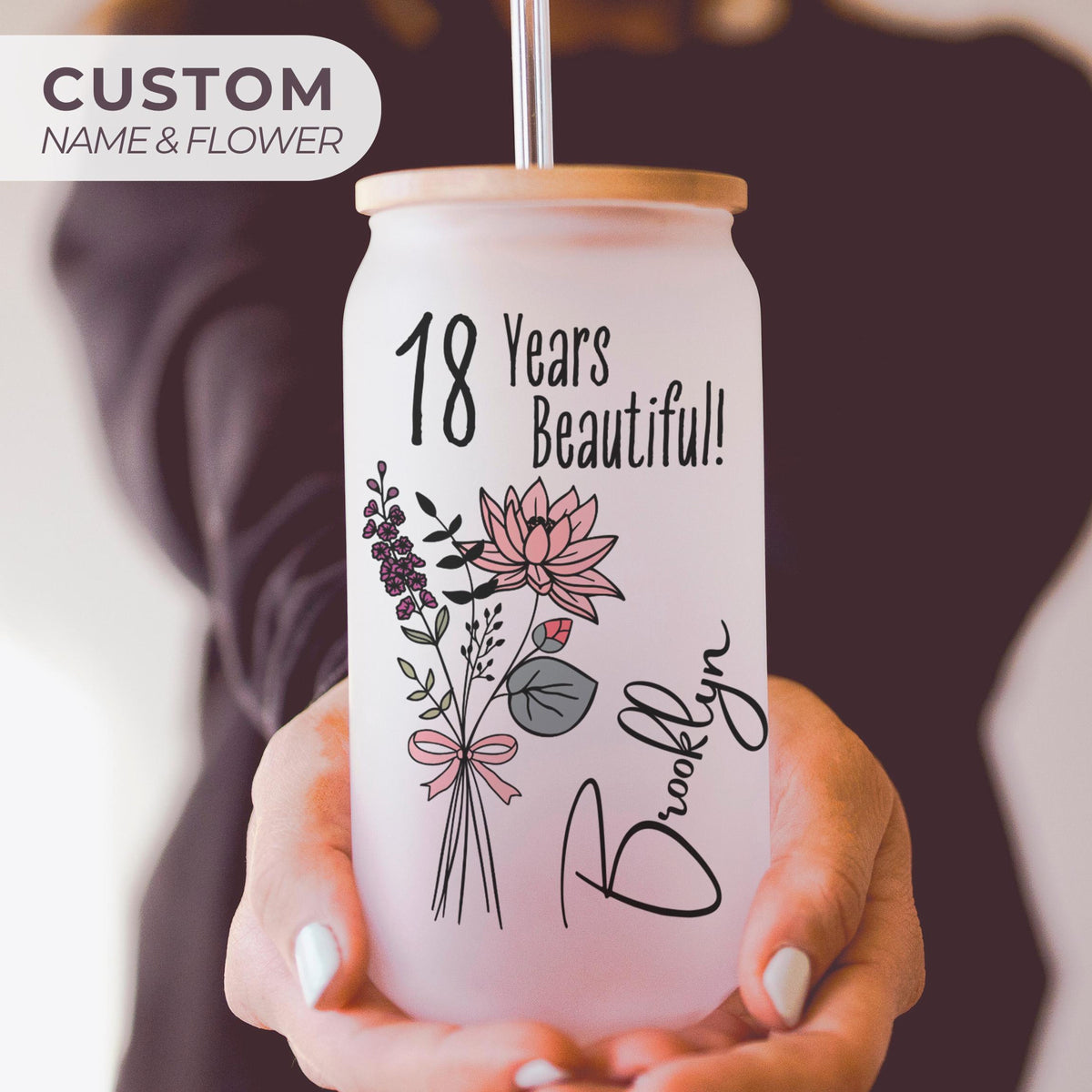 18th Birthday Glass Tumbler, Turning 18 Gift With Birthflower Glass Tumbler, 18 Year Old Gift Iced Coffee Cup, Eighteenth Birthday Glass With Flower
