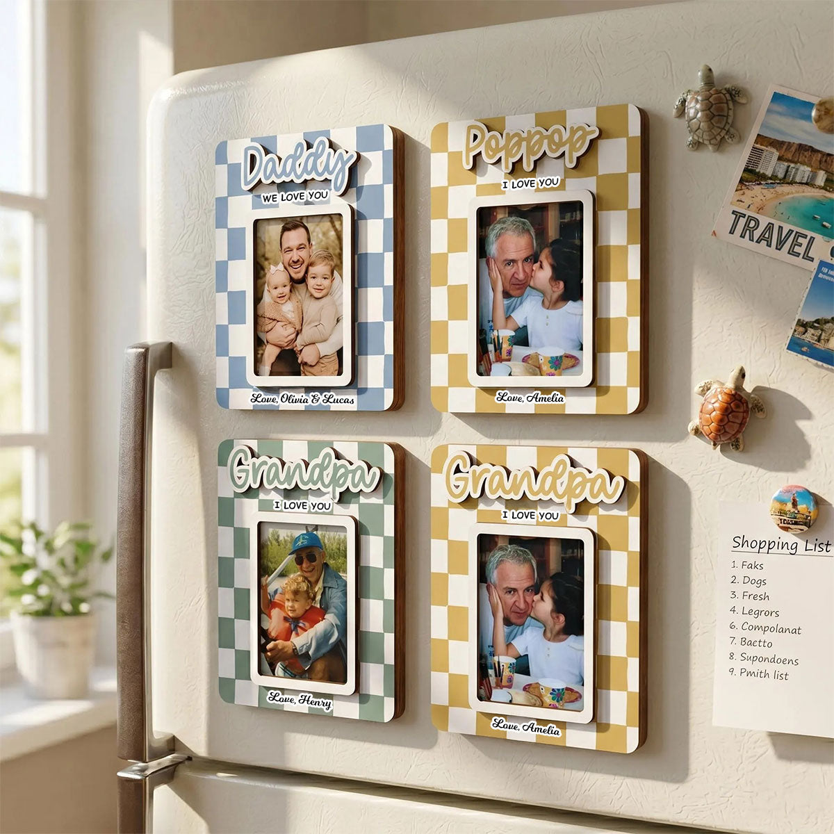 Checkered Photo Fridge Magnet - Personalized Gift for Dad Grandpa