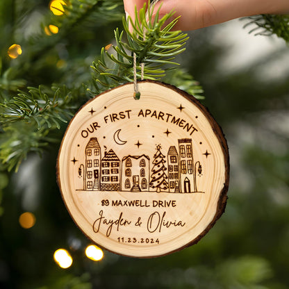 Custom Apartment Warming Gift, Our First Apartment Wooden Christmas Ornament, New Address Ornament, New Home Gift for Couples