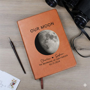 Our Moon Couple Moon Phase - Personalized Graphic Leather Journal - Anniversary Gift For Him Gift For Her