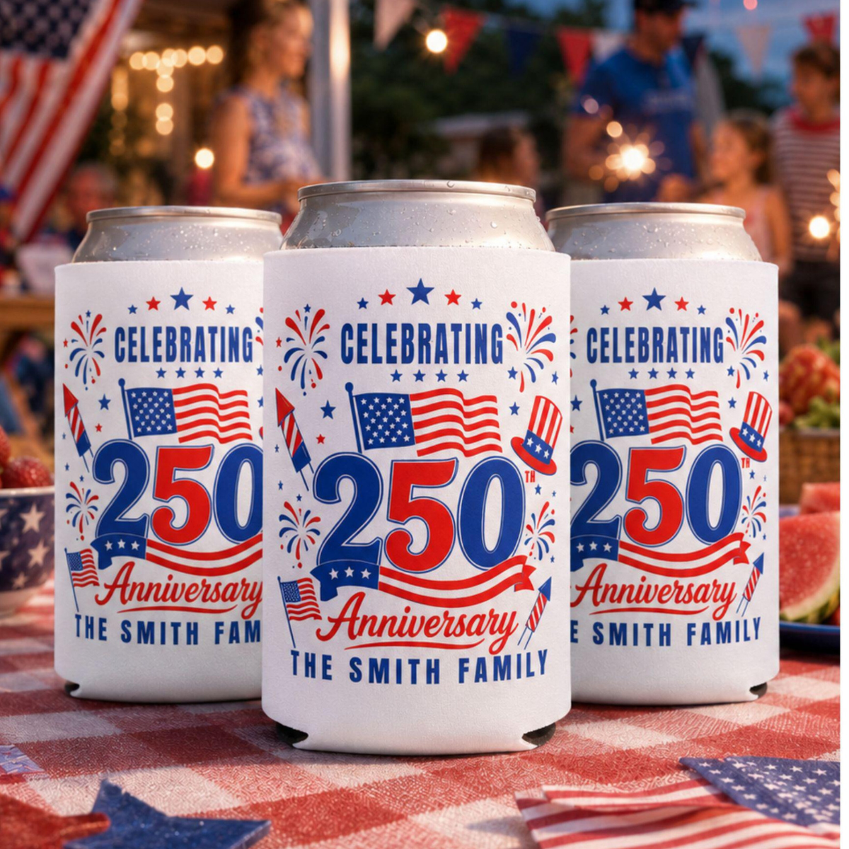 Personalized America 250th Anniversary Can Cooler Favor, Patriotic Family BBQ Drink Holder, Custom 4th of July Slim & Regular Can Sleeve