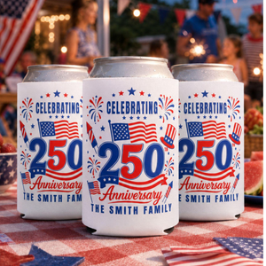 Personalized America 250th Anniversary Can Cooler Favor, Patriotic Family BBQ Drink Holder, Custom 4th of July Slim & Regular Can Sleeve