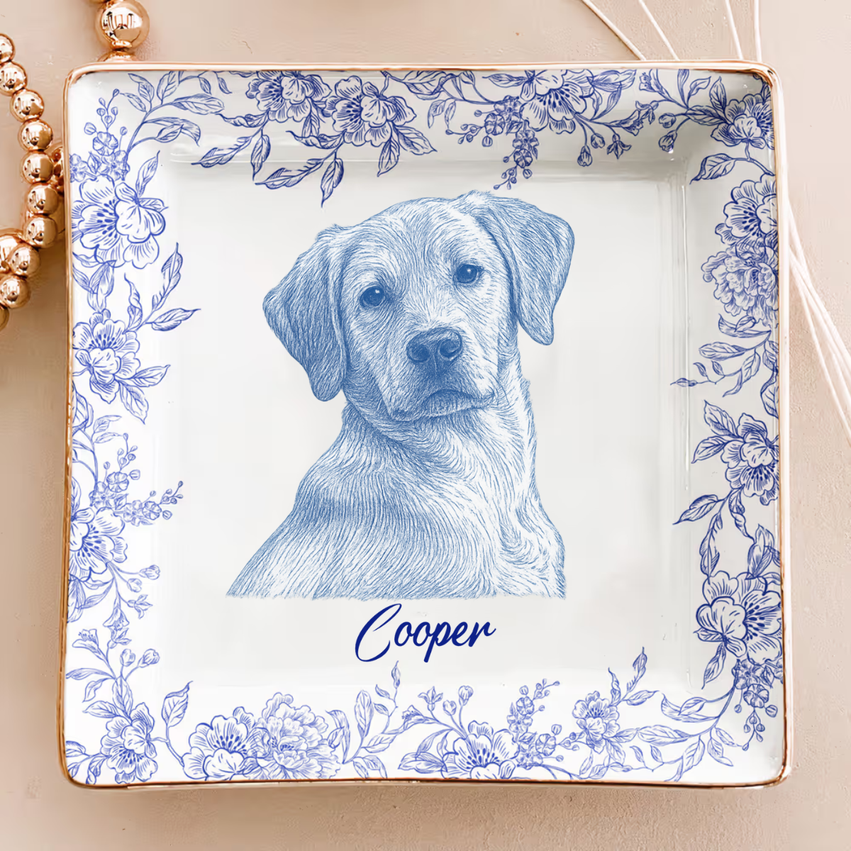 Pet Blue Toile Pattern Upload Photo - Personalized Jewelry Dish - Gift For Dog Lover, Cat Lover, Friends