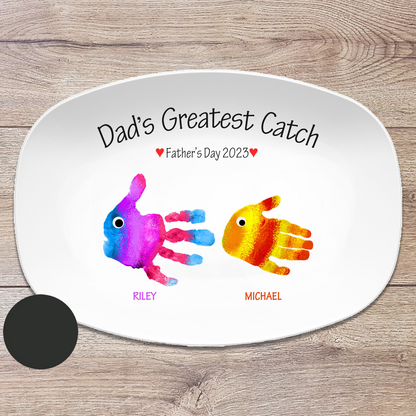 Handprint Custom Personalized Platter for Father's Day, Greatest Catch, Gift for Dad from Kids, Handprint Plate for Daddy or Grandpa