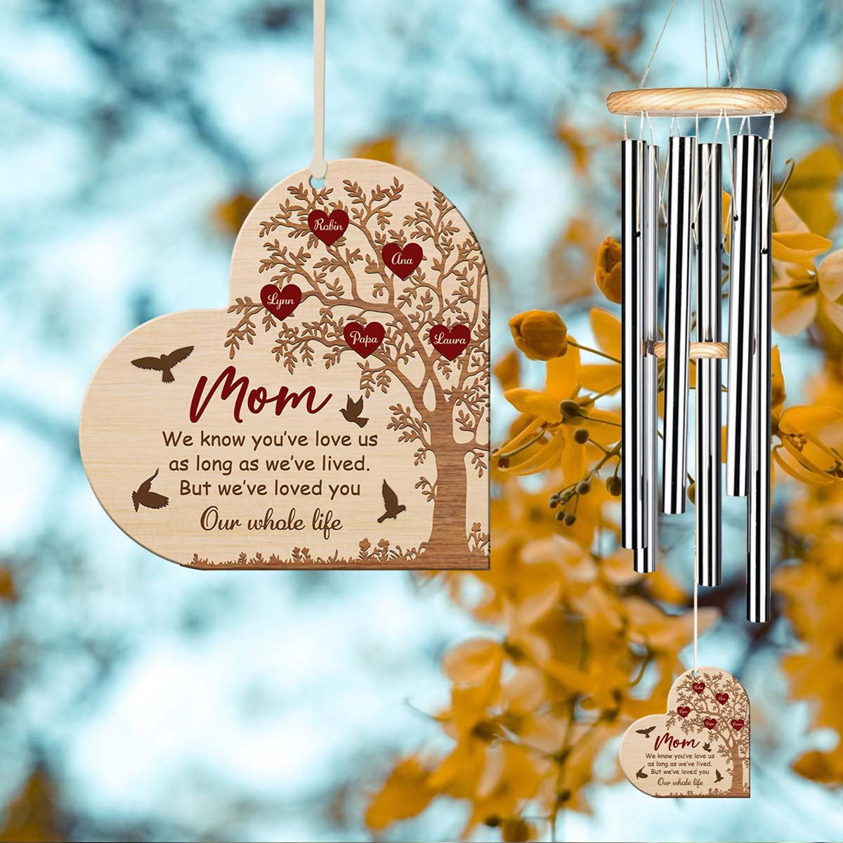 Personalized Mom Wind Chime, Custom Kid Name Sign, Heart Keepsake, Wood Wind Chime, Gift for Grandma, Mother's Day Gift, Home Decor