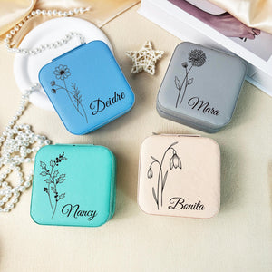 Outline Art Flower Custom Name - Personalized Square Jewelry Box - Gift for Sister, Friend, Birthday Gift