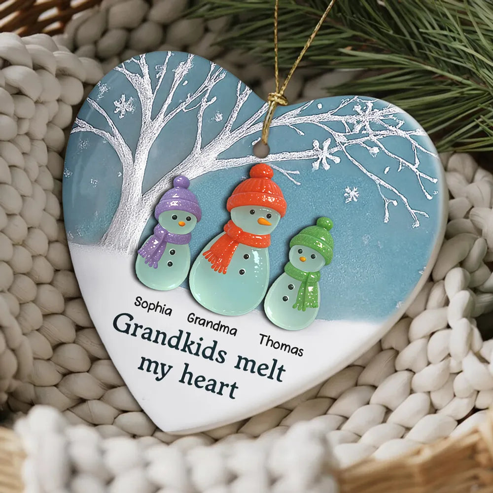 3D Effect Sea Glass Snowman Grandma & Grandkids - Personalized Ceramic Ornament - Christmas Gift For Grandchildren, Grandma