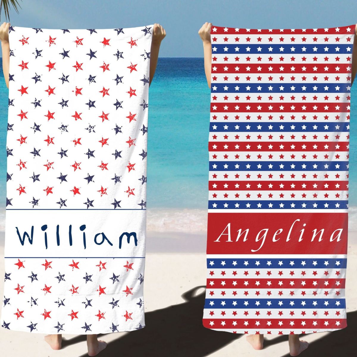 Custom Patriotic Beach Towel for Independence Day Celebration, Personalized 4th of July Beach Towel, Red White Blue Gift American Flag Towel