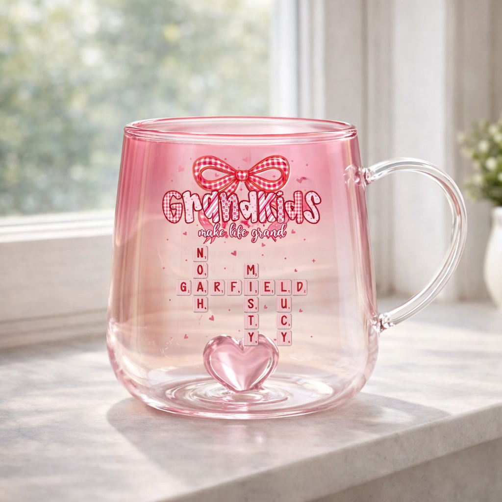 Grandkids Make Life Grand Crossword Puzzle Art - Personalized Gradient Glass Mug - Mother's Day Gift for Mom, Grandma