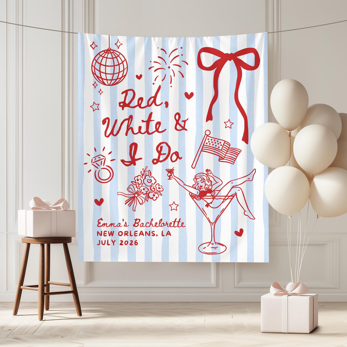 Red White and I Do Bachelorette Banner, 4th of July Cocktail Party Decor, BBQ Bachelorette Backdrop, Bach Photo Booth, Martini Bridal Shower
