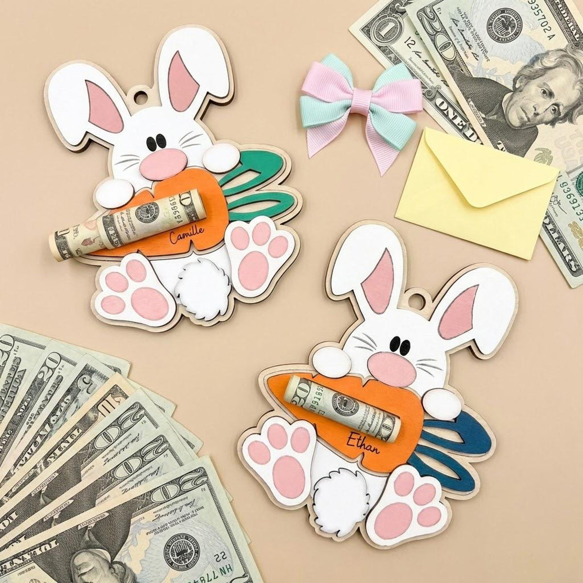 Personalized Easter Bunny Money Holder Custom Name Wooden Easter Basket Stuffer Bunny Cash Holder for Kids Easter Gift from Grandma