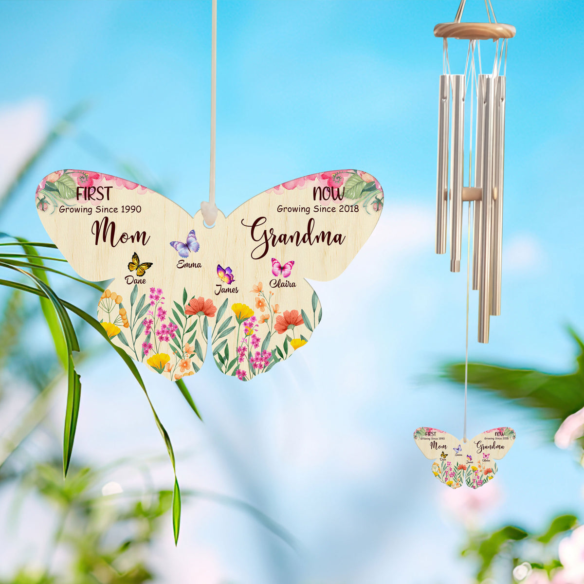 First Mom Now Grandma Butterfly Shape Pendant - Personalized Windchime - Gift For Grandma, Mother's Day, Birthday Gift