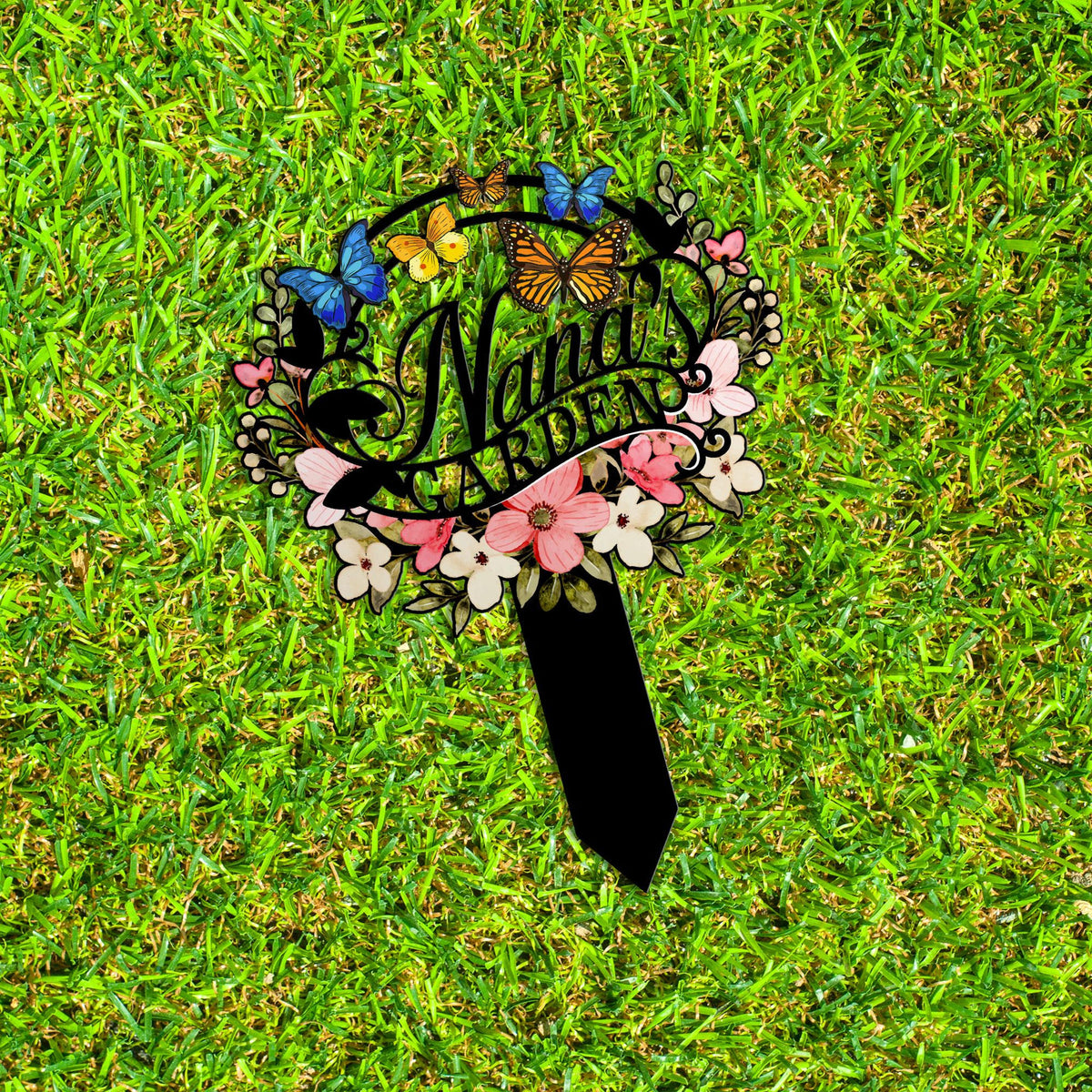 Personalized Nana's Garden Sign, Metal Garden Stake with Flowers and Butterflies, Outdoor Yard Decoration, Grandma Gift, Nana's Blessings
