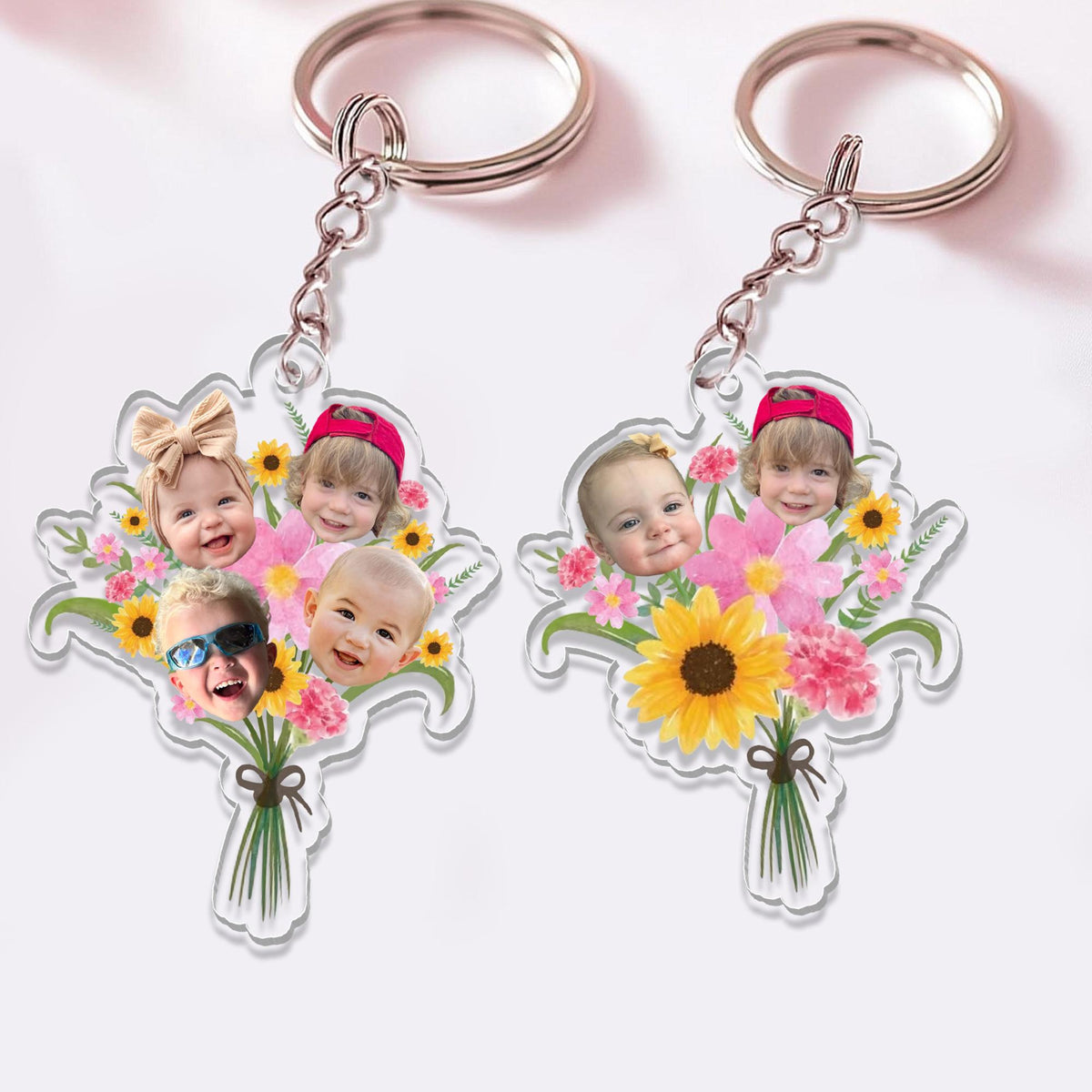 Personalized Gift For Mom Grandma, Custom Kids Face Flower Bouquet Keychain, Grandma Keychain Gift, Baby Face Keychain