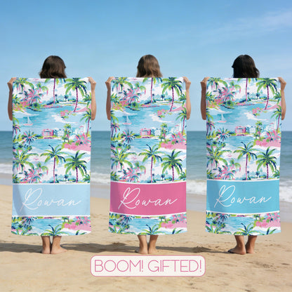 Custom Palm Tree Tropical Beach Towel, Custom Name Birthday Party Pool Towel, Bachelor Bath Towel, Vacation Gift for Girls, Beach Lover's Gifts