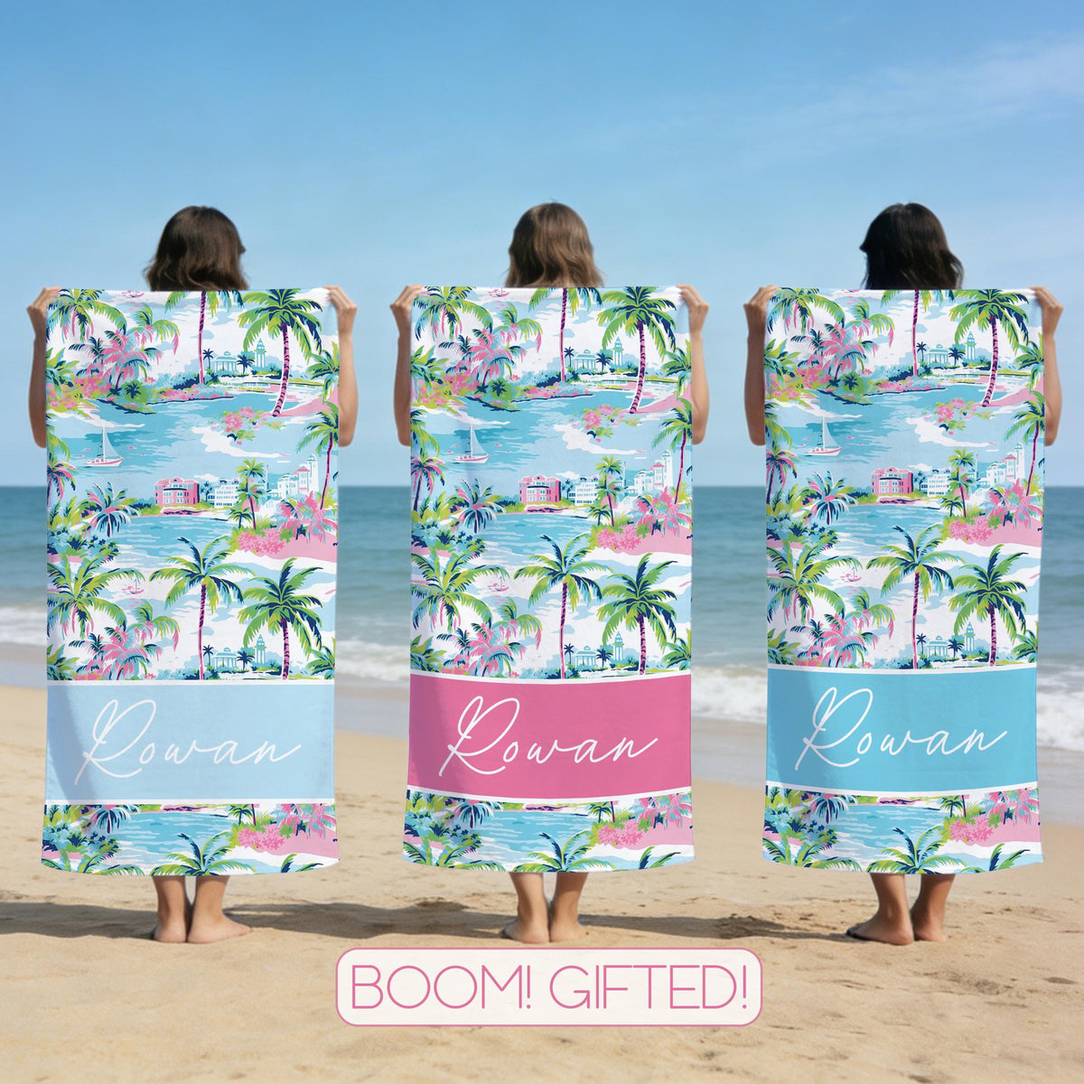Custom Palm Tree Tropical Beach Towel, Custom Name Birthday Party Pool Towel, Bachelor Bath Towel, Vacation Gift for Girls, Beach Lover's Gifts