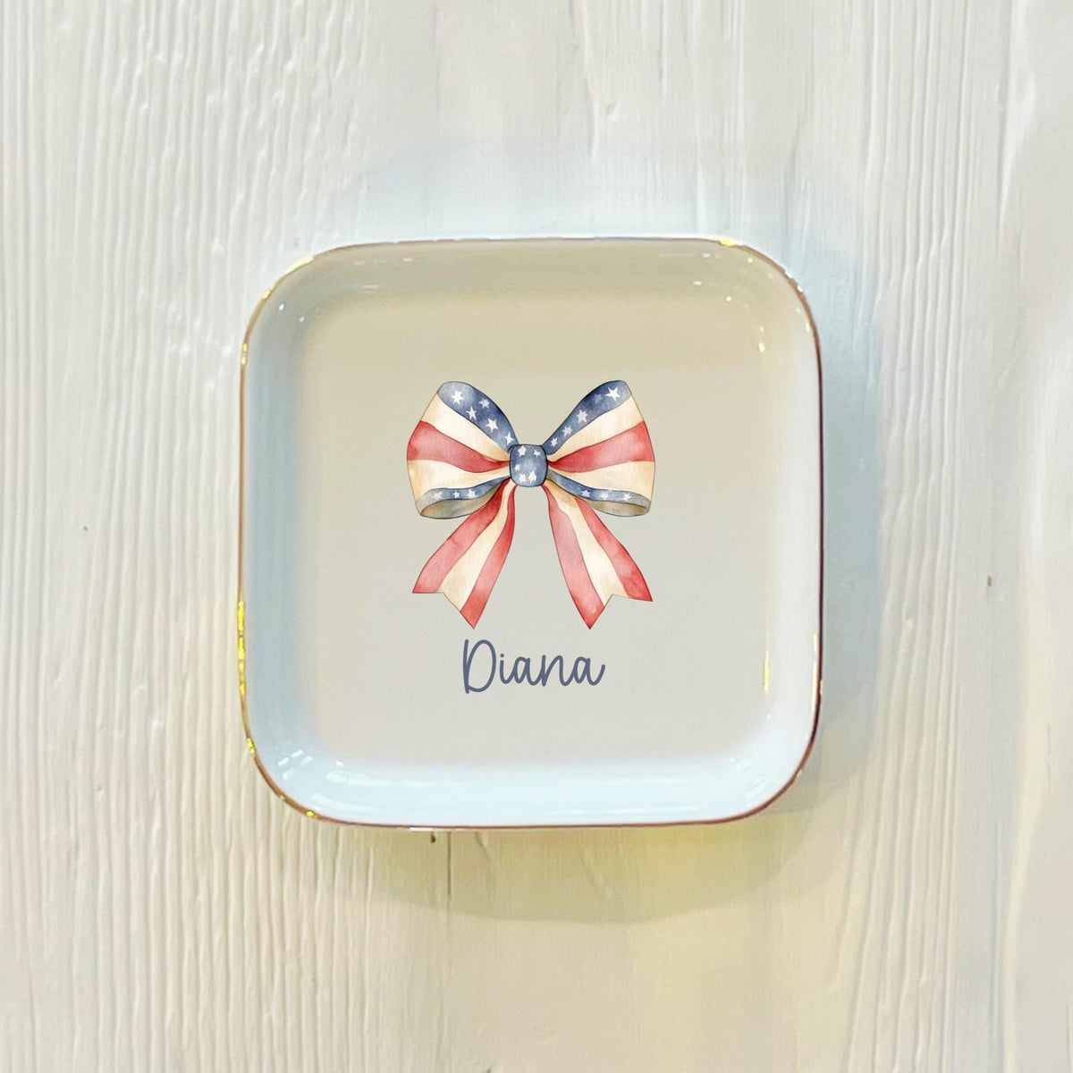 Personalized American Flag Bow Ring Dish, American Ring Dish, Girly Jewelry Dish, Wedding Favor, 4th of July Gift