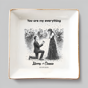 Personalized Proposal Photo Jewelry Dish - Custom Pencil Sketch Illustrated Engagement Keepsake Ring Tray with Names & Engaged Date