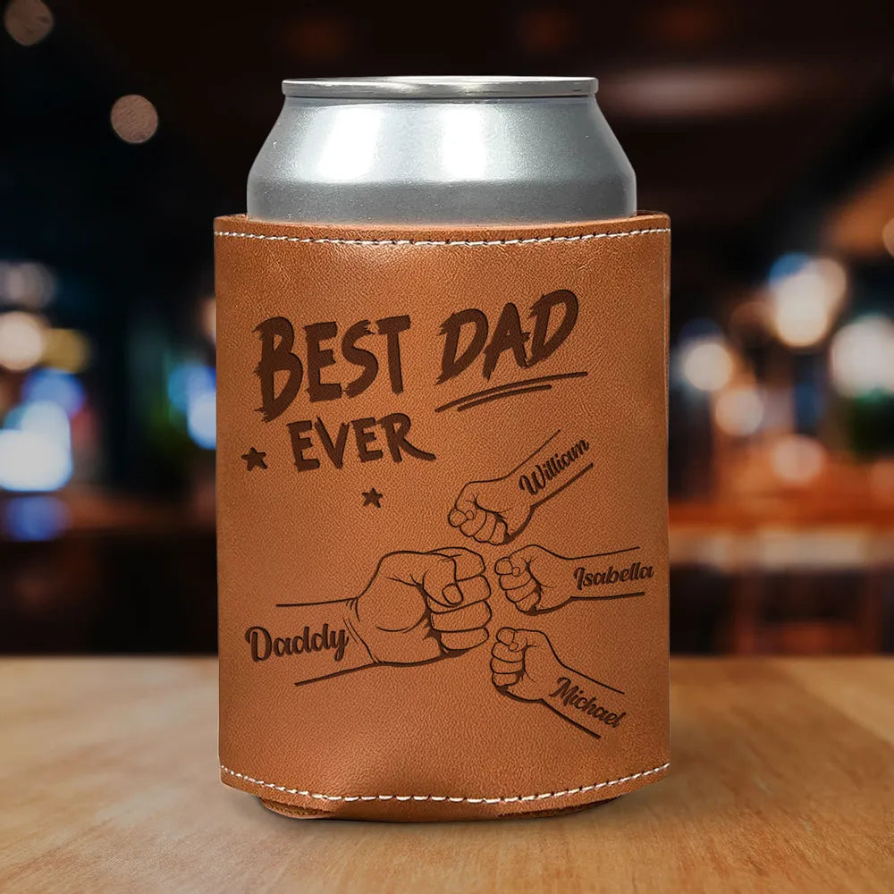Dad Grandpa & Kid Fist Bump - Personalized Leather Can Cooler - Gift For Dad, Grandpa, Father's Day