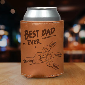 Dad Grandpa & Kid Fist Bump - Personalized Leather Can Cooler - Gift For Dad, Grandpa, Father's Day