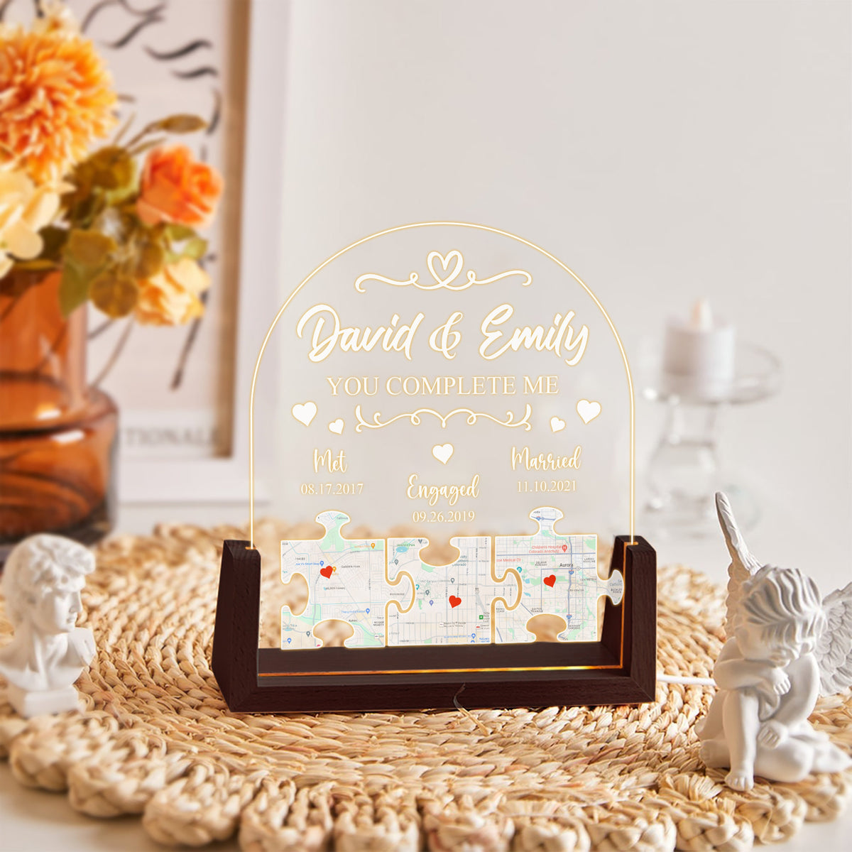 Personalize Photo, Map, Name & Anniversary Date Plaque Night Light - Customize Night Light for Couples, Valentine's Gifts