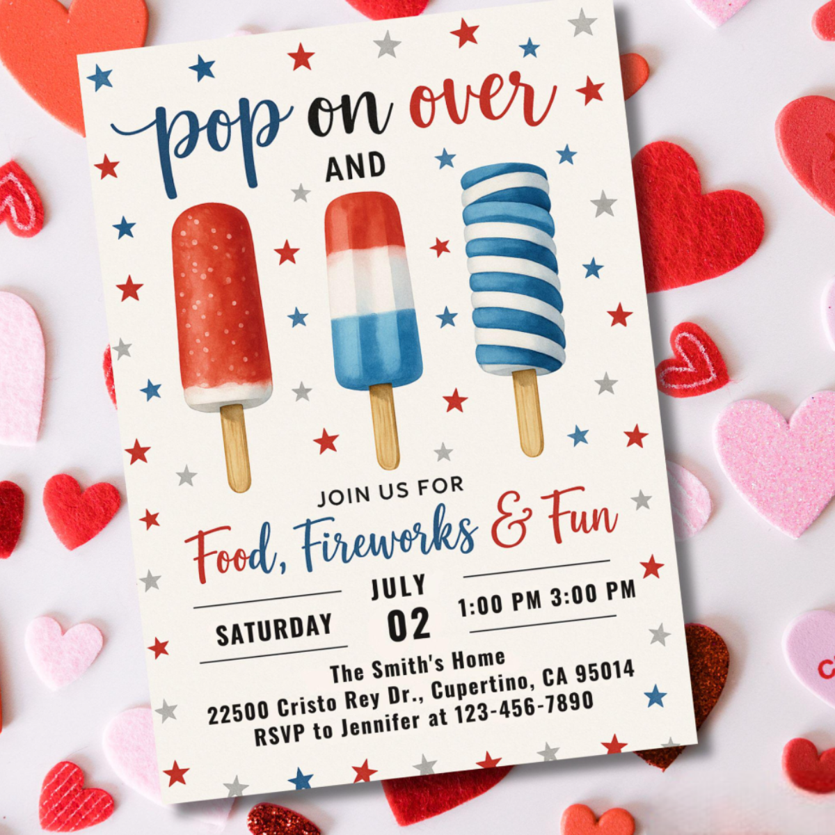 4th of July Invitation Independence Day party Invite, Red White Blue Patriotic Party Popsicles Pop on Over Postcard