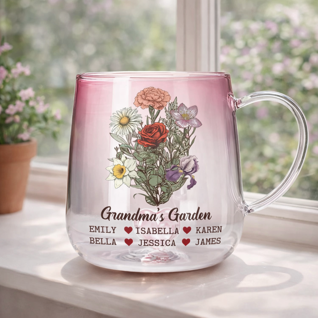 Grandma's Flower Bouquet - Personalized Pink Gradient Glass Mug - Gift For Grandma, Mom, Mother's Day Gift