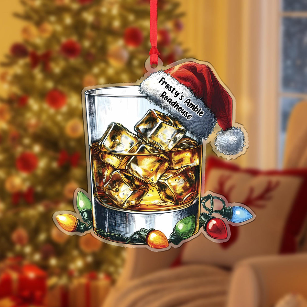 Bourbon Glass Santa Hat - Personalized Acrylic Ornament - Christmas Gift For Friends, Family, Christmas Tree Decoration