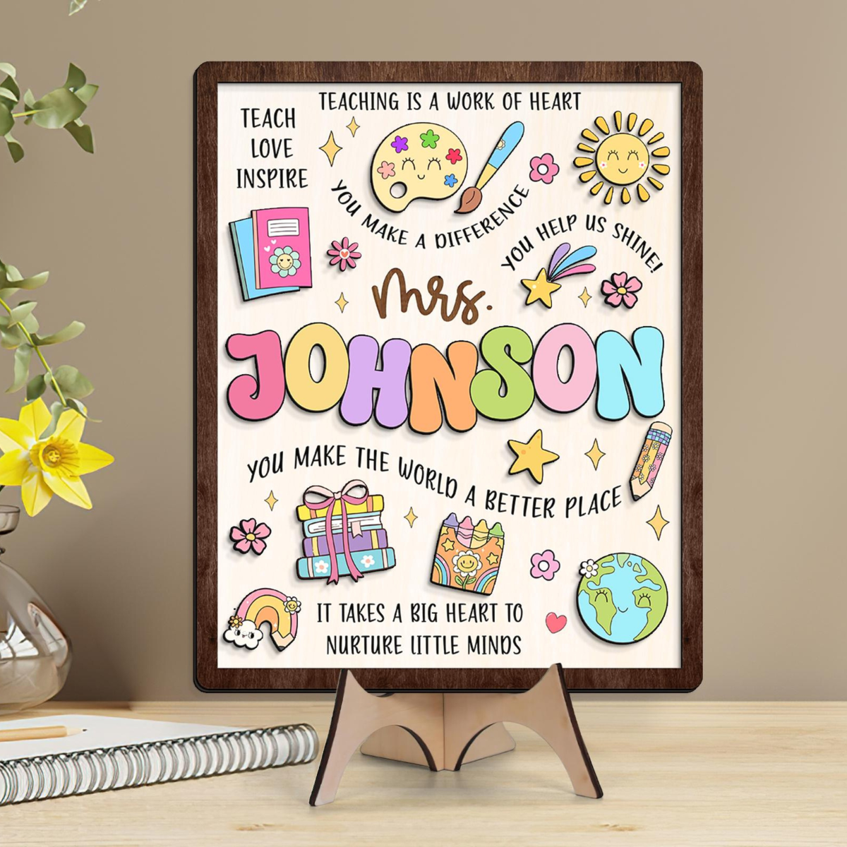 Custom Teacher Wooden Sign, Teacher Appreciation Gifts, Teacher Classroom Door Hanger, Thank You Teacher Gifts, Custom 3D Teacher Name Sign