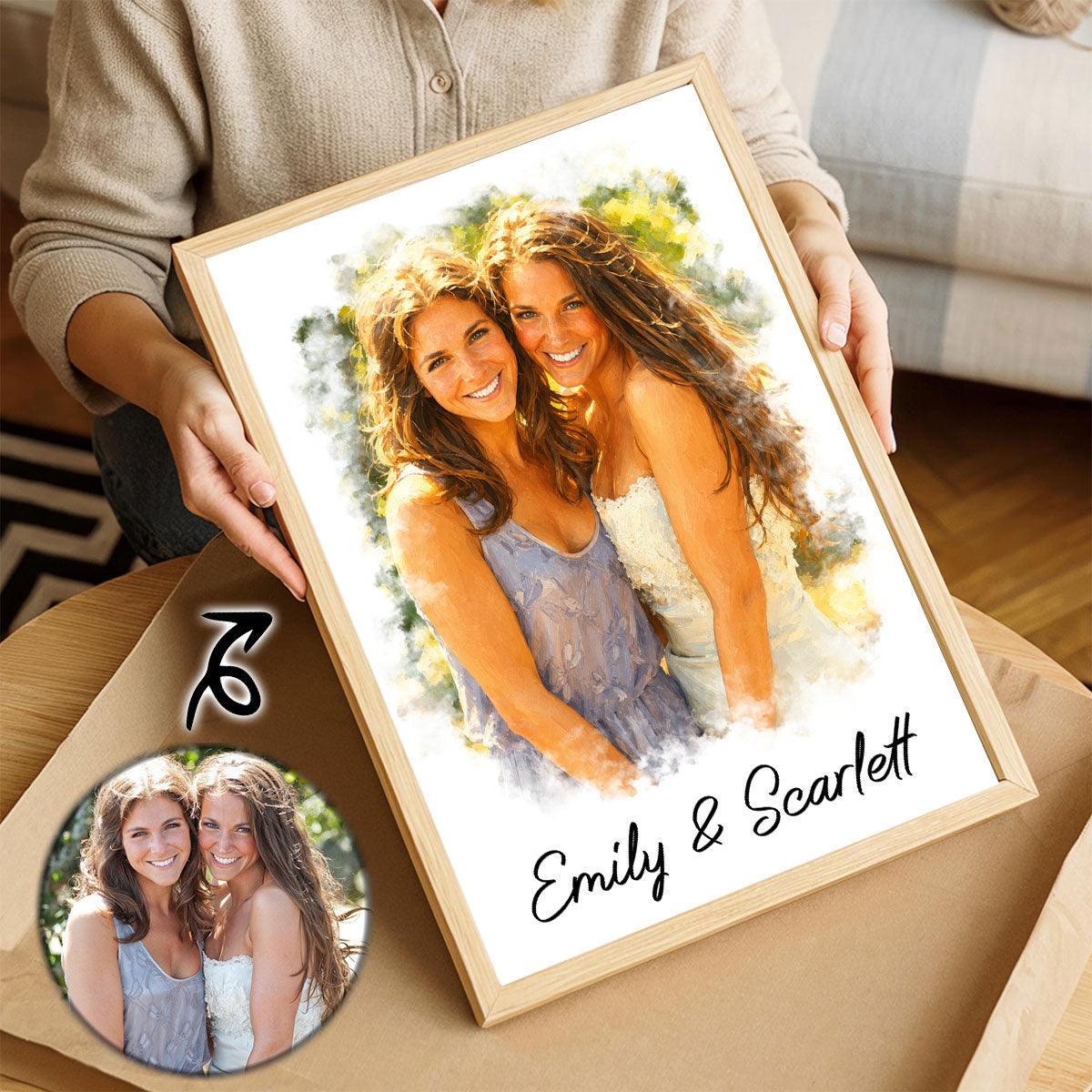 Custom Photo Watercolor Painting Family Besties Dog Cat Portrait - Personalized Poster