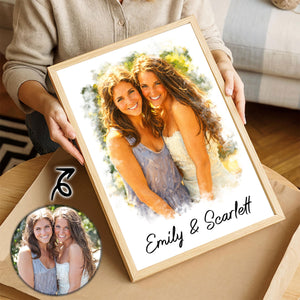 Custom Photo Watercolor Painting Family Besties Dog Cat Portrait - Personalized Poster