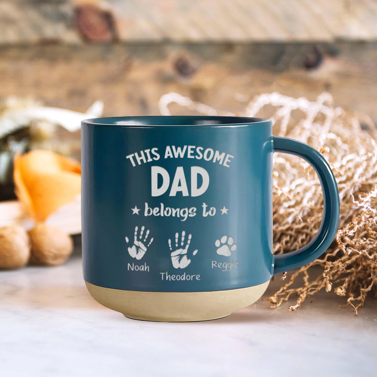 Personalized Father's Day Gift Engraved Mug For Dad, Handprint Kids Pottery Mug Gift, Dad's Children Names, Best Dad Ever Gift For Husband