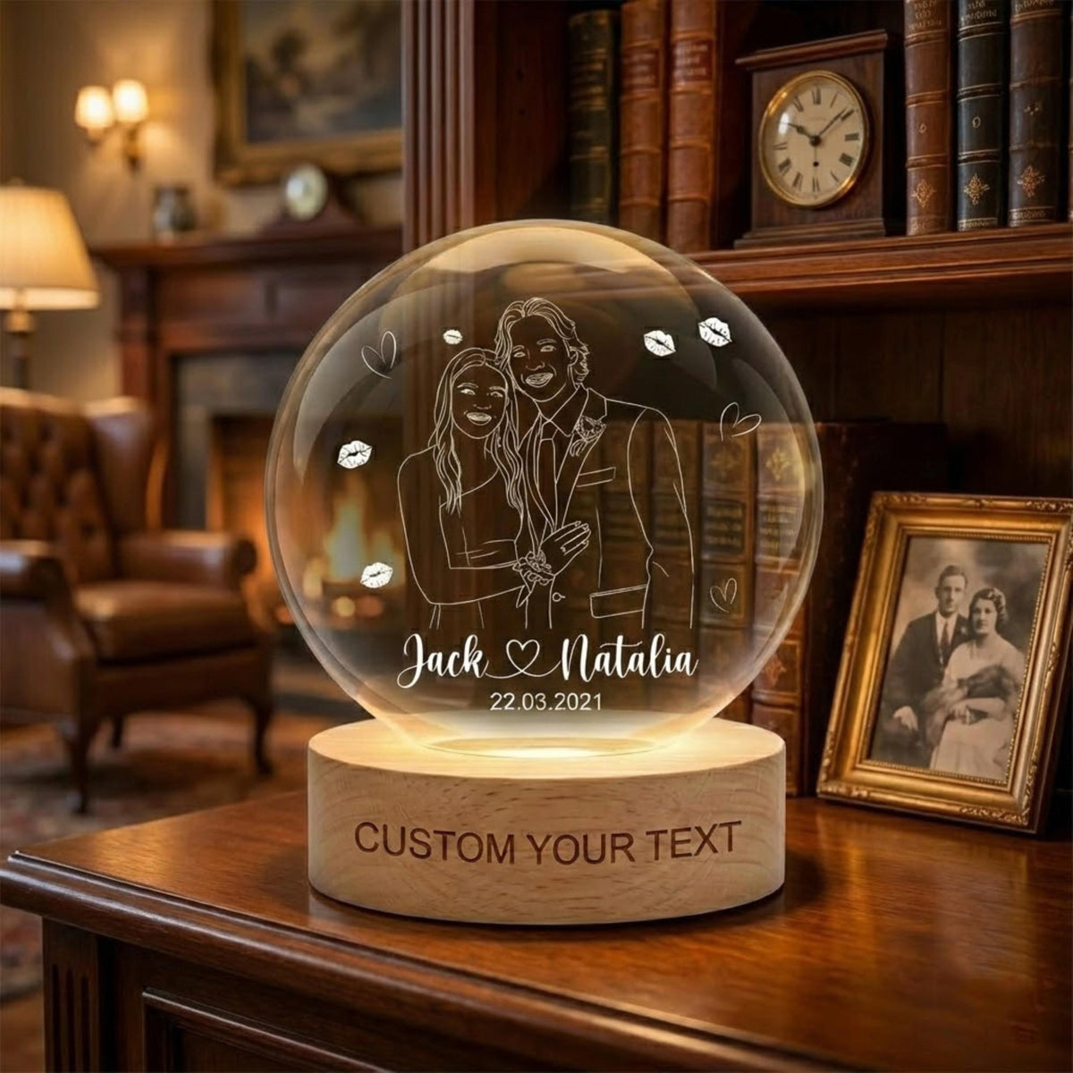 Personalized Photo Line Art 3D Crystal Ball Lamp, Engraved Wooden Base LED Night Light, Romantic Anniversary Home Decor, Gift For Couple